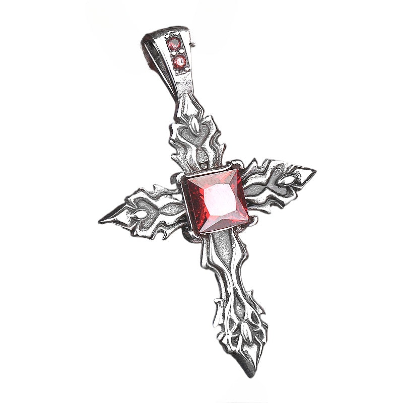 Vintage Stainless Steel Flame Cross Pendant for Men – Wholesale Titanium Steel with Stone Inlay