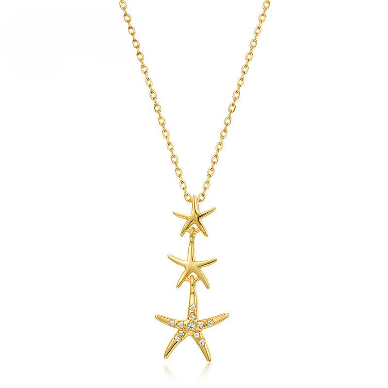 Three Starfish Pendant Zircon Sterling Silver Necklace