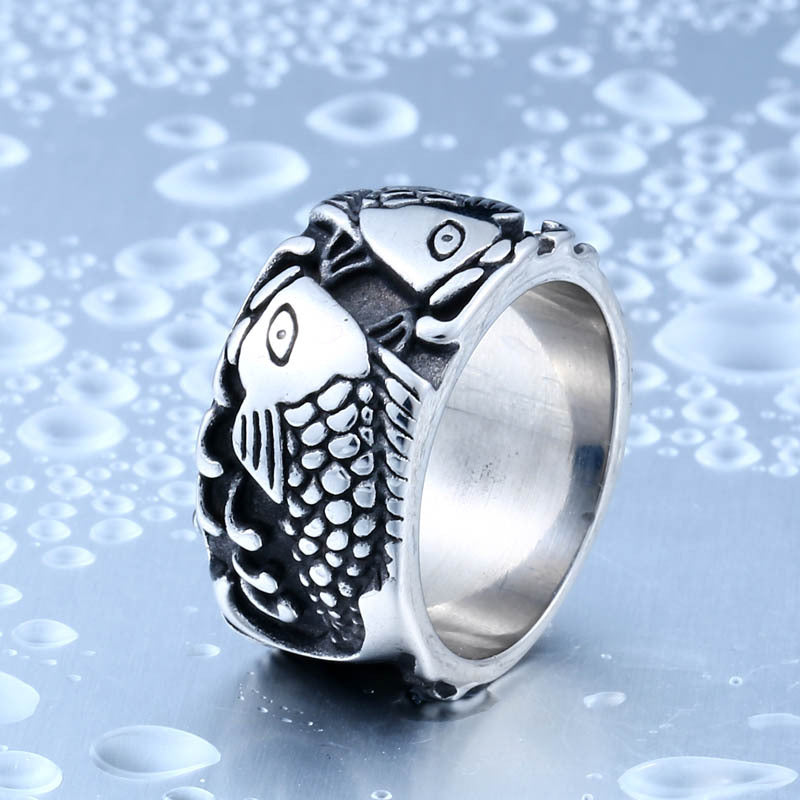 Retro Titanium Steel Double Fish Ring for Men - Wholesale Ethnic Style Jewelry