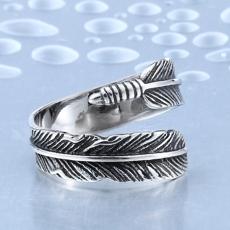 Vintage-Inspired Titanium Steel Open Ring Set with Angel Wings for Couples, Featuring Takahashi Feather Design for Men