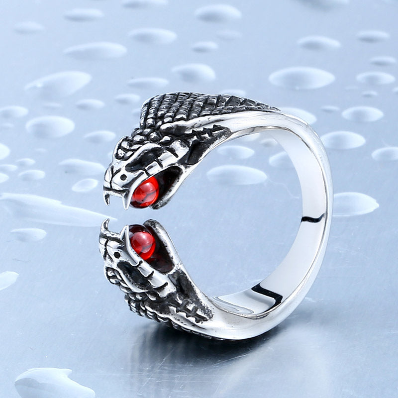 Trendy Titanium Steel Snake Ring for Men with Red Zircon Inlay - Exaggerated European and American Jewelry