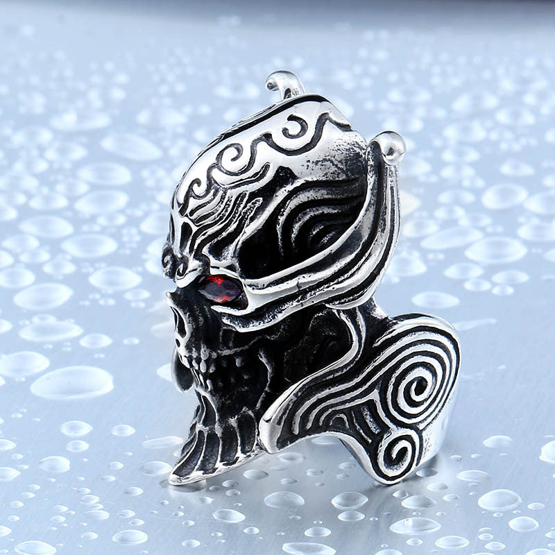 Stainless Steel Zircon Encrusted Men's Ring - Red-Eyed Wolf Tooth Magic Wheel Design