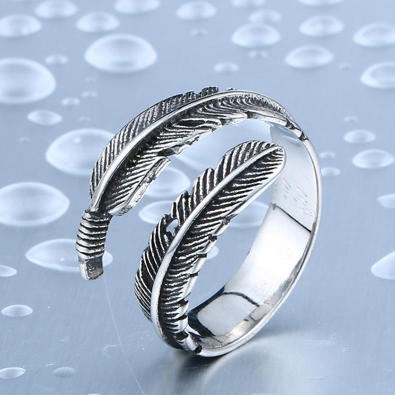 Vintage-Inspired Titanium Steel Open Ring Set with Angel Wings for Couples, Featuring Takahashi Feather Design for Men