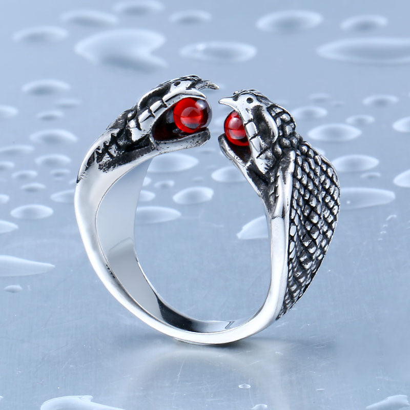 Trendy Titanium Steel Snake Ring for Men with Red Zircon Inlay - Exaggerated European and American Jewelry