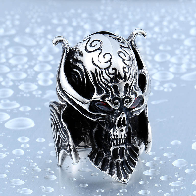 Stainless Steel Zircon Encrusted Men's Ring - Red-Eyed Wolf Tooth Magic Wheel Design