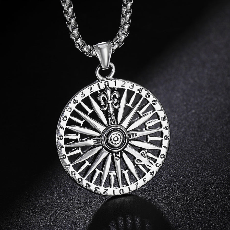 Childern Flower Number Compass Titanium Steel Necklace for Men