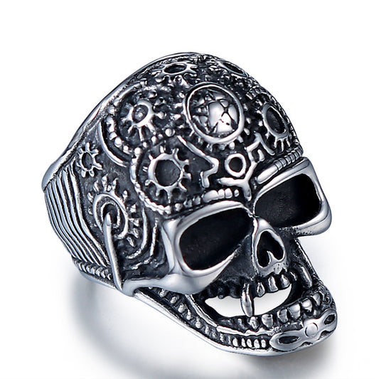 Titanium Steel Skull Ring for Men - Retro Religious Totem Jewelry in European and American Fashion