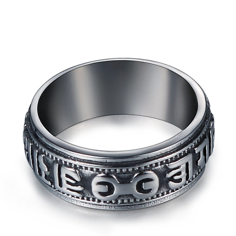 Trendy Retro Titanium Steel Six-Character Mantra Ring for Men and Women - Unique Index Finger Jewelry