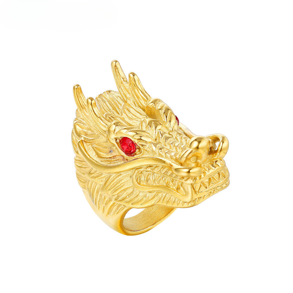 Red Eye Zircon Gold Dragon Head Titanium Steel Ring for Men