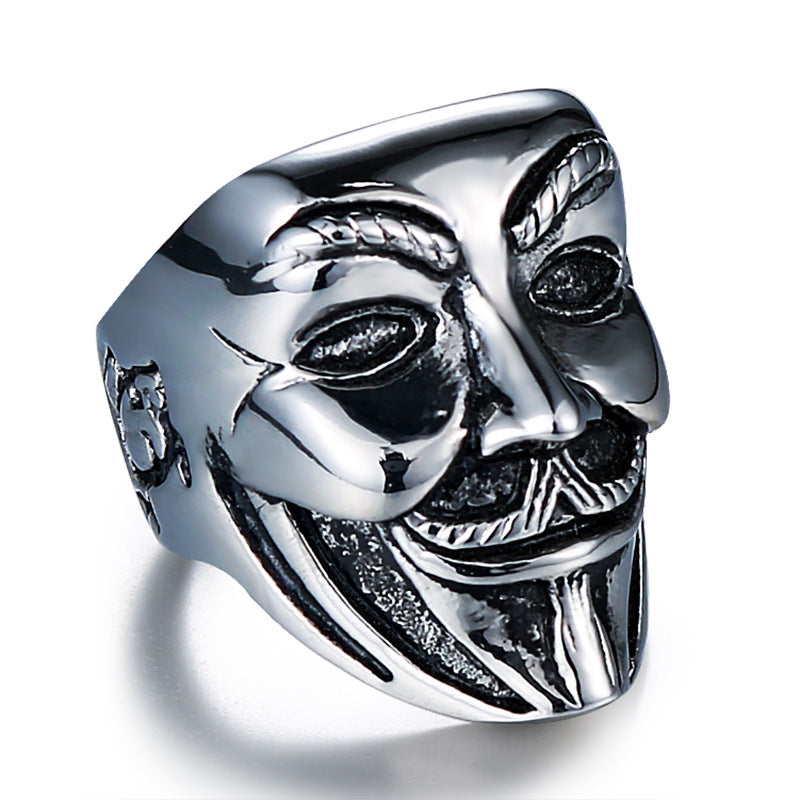 Titanium Steel V Face Clown Punk Ring - European and American Fashion Film-Inspired Jewelry for Men