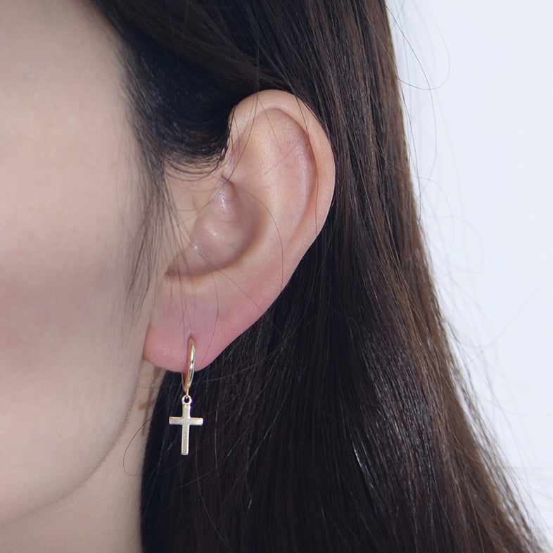 Polished Latin Cross Pendant Sterling Silver Hoop Earrings