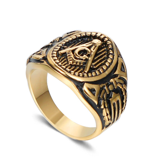 Retro Punk Gold AG Logo Titanium Steel Ring for Men - European and American Fashion Freemasonry Jewelry