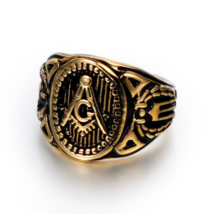 Retro Punk Gold AG Logo Titanium Steel Ring for Men - European and American Fashion Freemasonry Jewelry