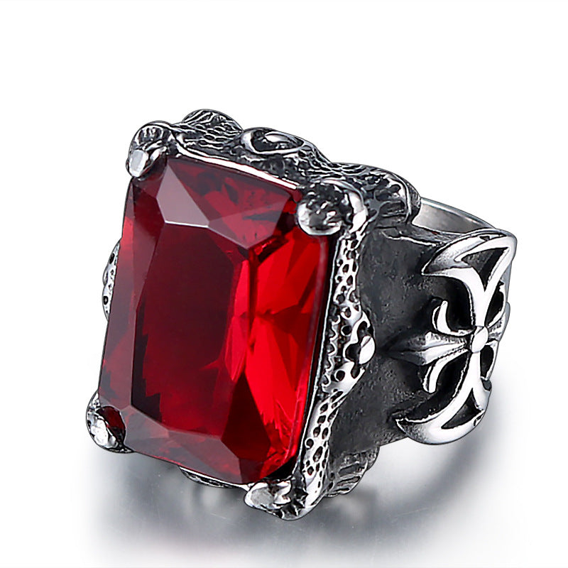 Stylish Retro Punk Ruby Titanium Steel Ring for Men - European and American Fashion