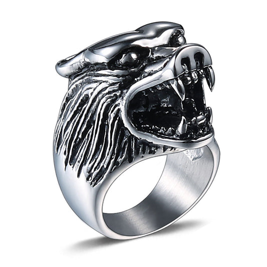 Titanium Steel Wolf Head Ring for Men - Vintage American and European Inspired Dominant Totem Design