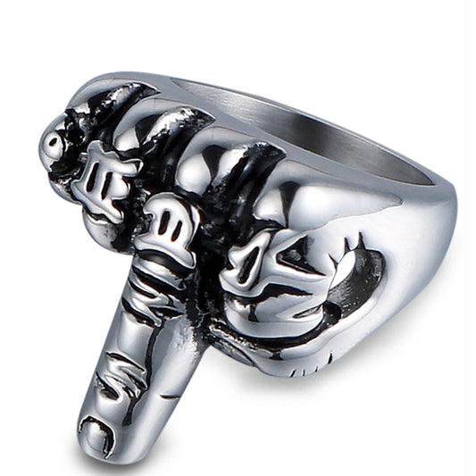 Creative Titanium Steel Vertical Middle Finger Ring for Men - Personalized Fashion Jewelry with Religious Totem