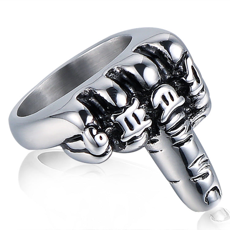 Creative Titanium Steel Vertical Middle Finger Ring for Men - Personalized Fashion Jewelry with Religious Totem