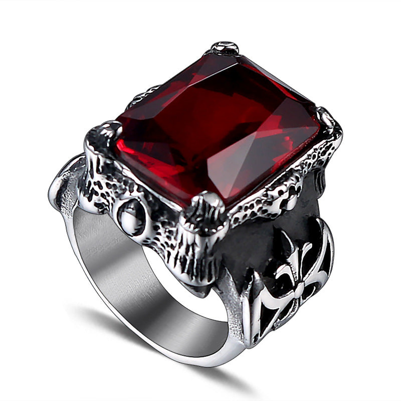 Stylish Retro Punk Ruby Titanium Steel Ring for Men - European and American Fashion