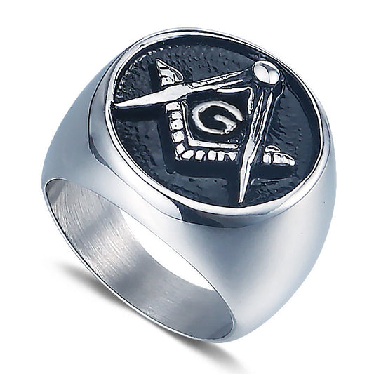 Stylish Masonic Stainless Steel Ring for Men - Personalized Retro AG Logo in Titanium Steel