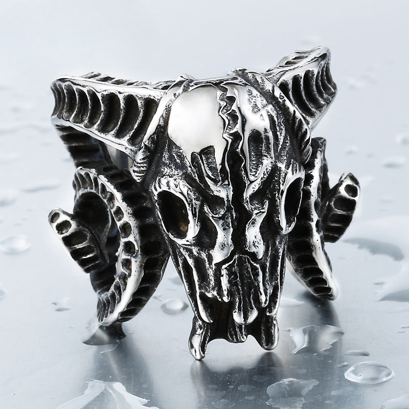 Vintage-Inspired Stainless Steel Sheep Skull Ring for Men - European and American Trade Design