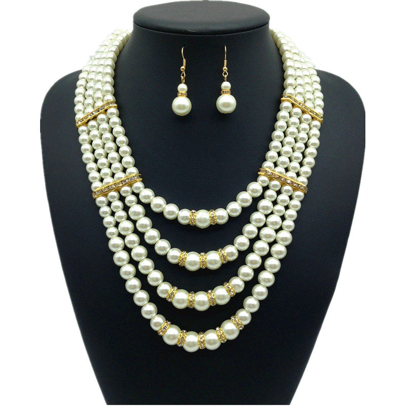 Extravagant Pearl and Crystal Layered Necklace and Earring Set