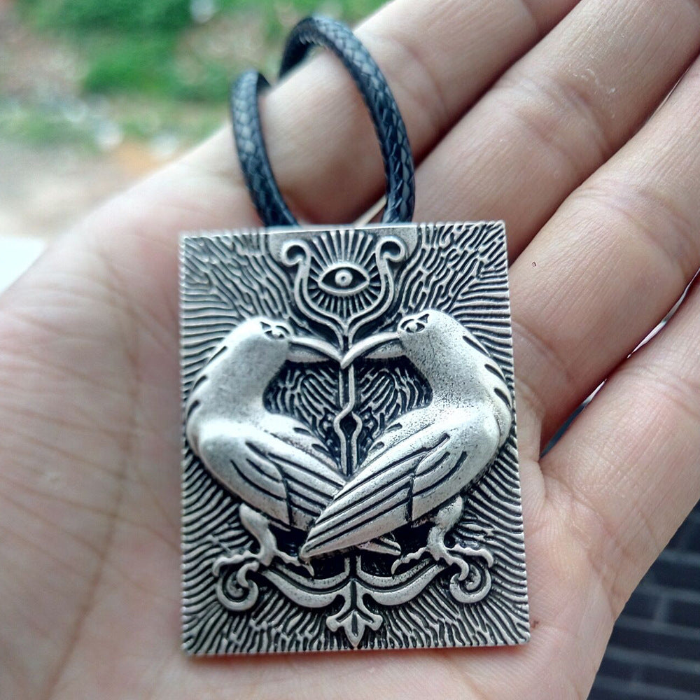 Viking Crow Metal Necklace - Norse Legacy Design with Animal Eye Pendant