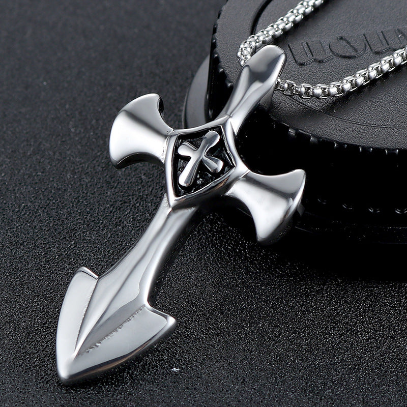 Titanium Steel Double Cross Pendant for Men - Classic European and American Retro Fashion