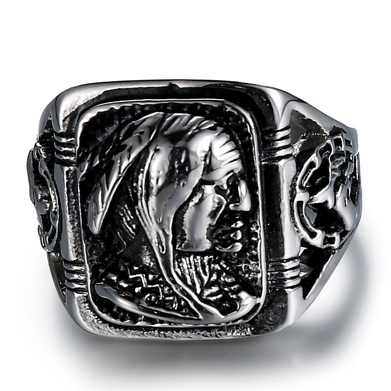 Punk-Inspired Retro Head Portrait Ring for Bold Men