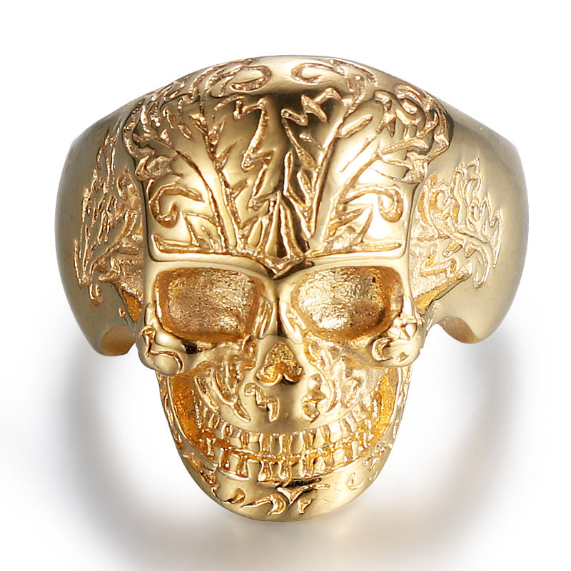 Titanium Steel Retro Punk Skull Ring for Men - European and American Religious Totem Design