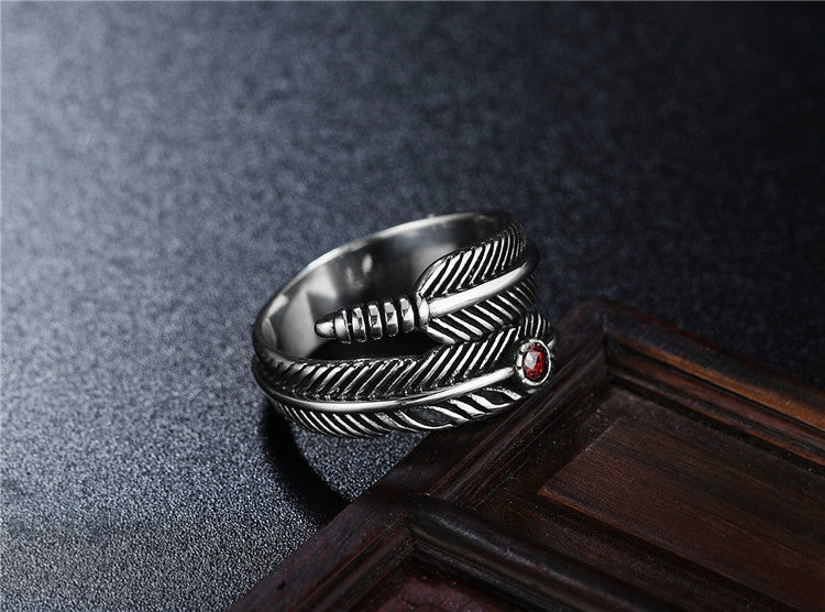 Personalized Retro Feather Red Zircon Titanium Steel Rings for Men and Women