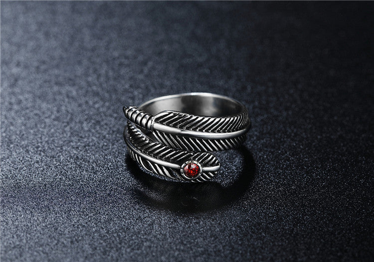 Personalized Retro Feather Red Zircon Titanium Steel Rings for Men and Women