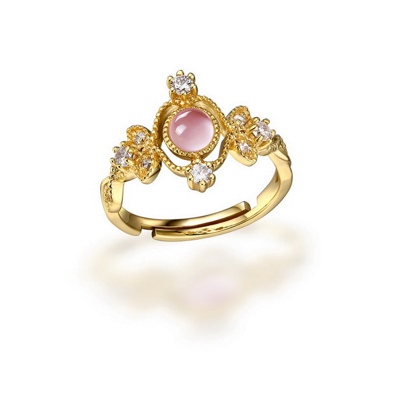 Vintage Luxury Round Shape Pink Crystal Opening Silver Ring