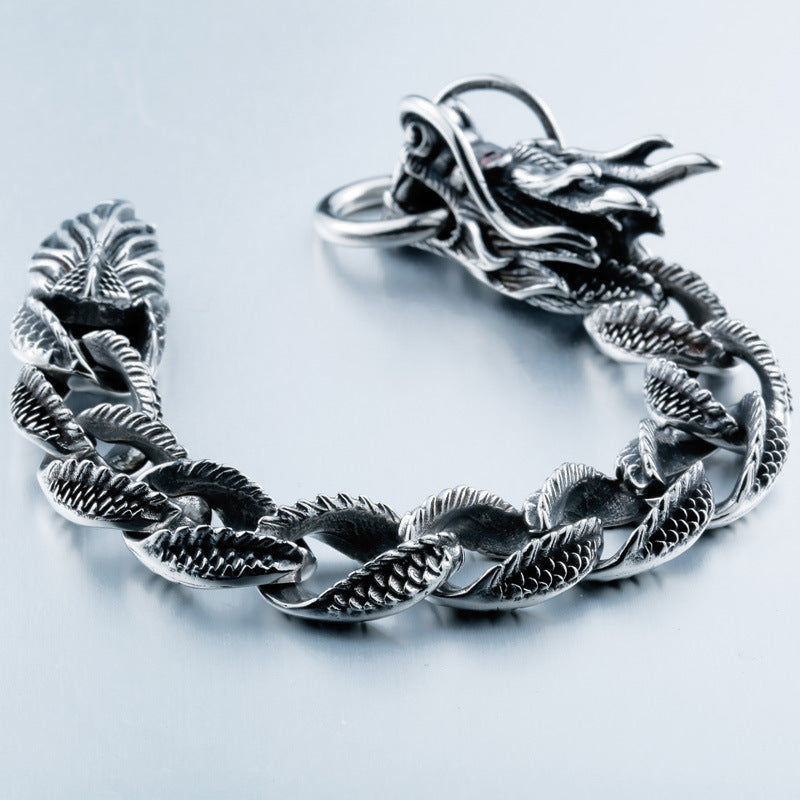 Fierce Dragon-Inspired Titanium Steel Men's Bracelet with Precious Stone Accents