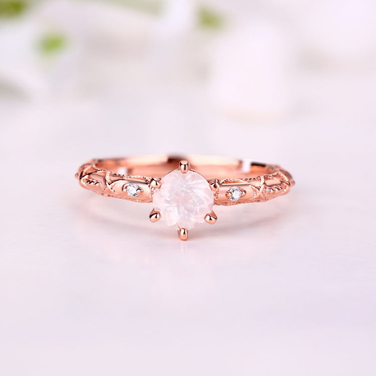 Six Prongs Round Shape Pink Crystal Opening Silver Ring