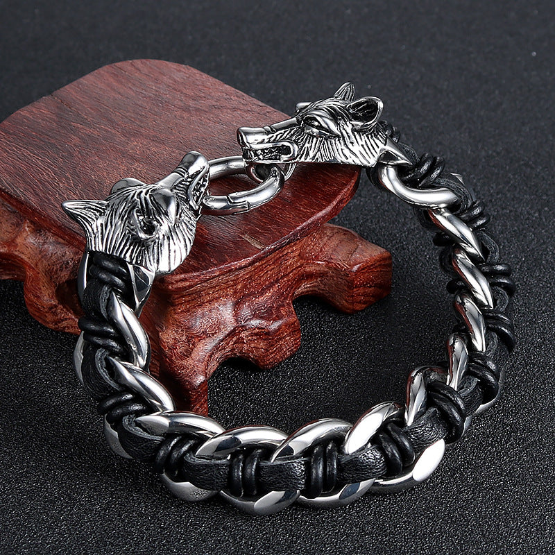 Planderful Everyday Genie Double Wolf Head Men's Bracelet in Titanium Steel