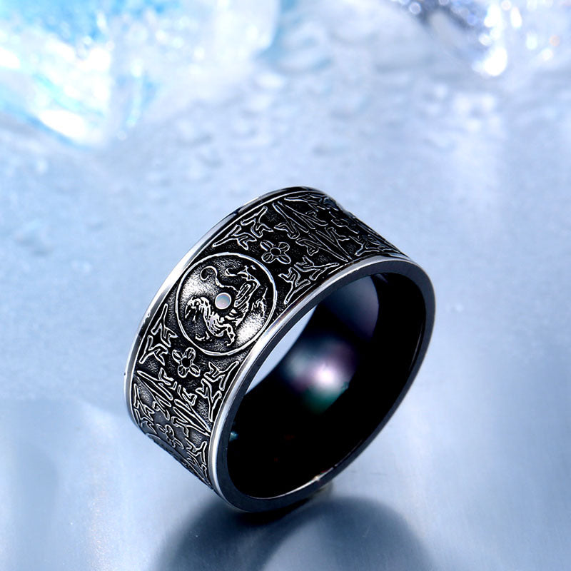 Custom Black Titanium Steel Men's Ring - Ethnic Design of the Four Divine Beasts