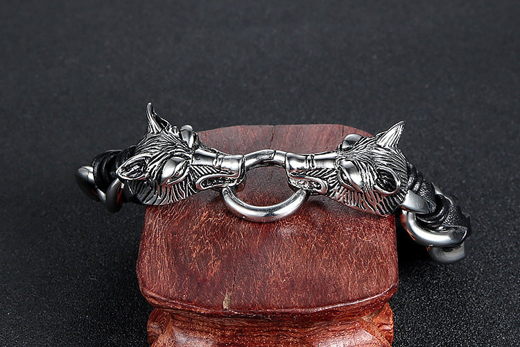 Planderful Everyday Genie Double Wolf Head Men's Bracelet in Titanium Steel