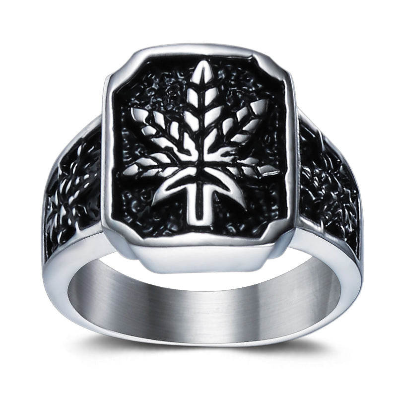 Custom Engraved Titanium Steel Maple Leaf Ring - Retro Hip-Hop Stainless Steel Jewelry for Men