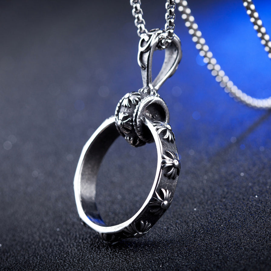 Cross Flower Circle Ring Large Titanium Steel Necklace for Men