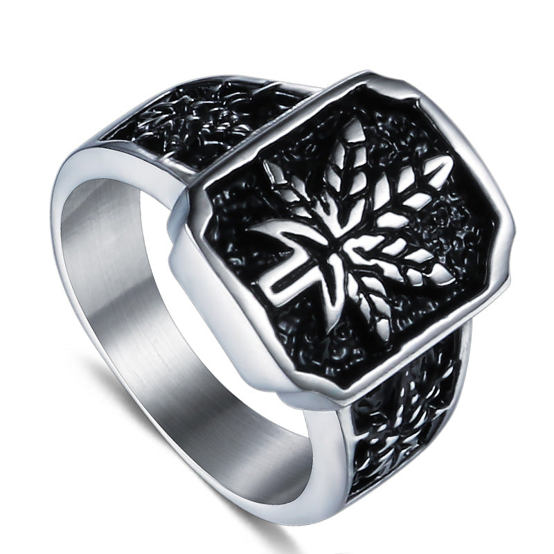 Custom Engraved Titanium Steel Maple Leaf Ring - Retro Hip-Hop Stainless Steel Jewelry for Men