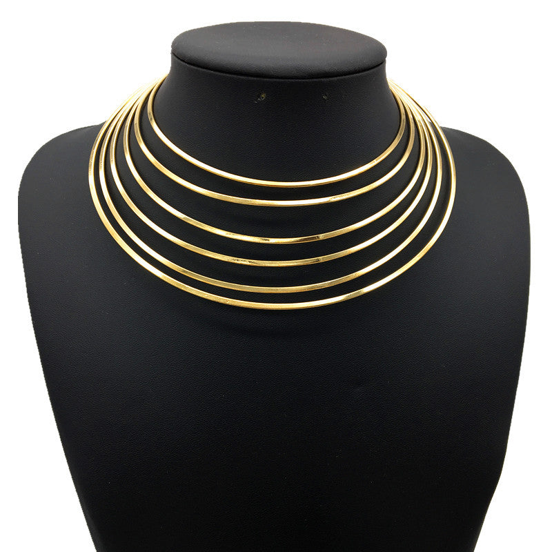 Exaggerated Multi-layer Metal Collar Choker Necklace from Big European and American Brands