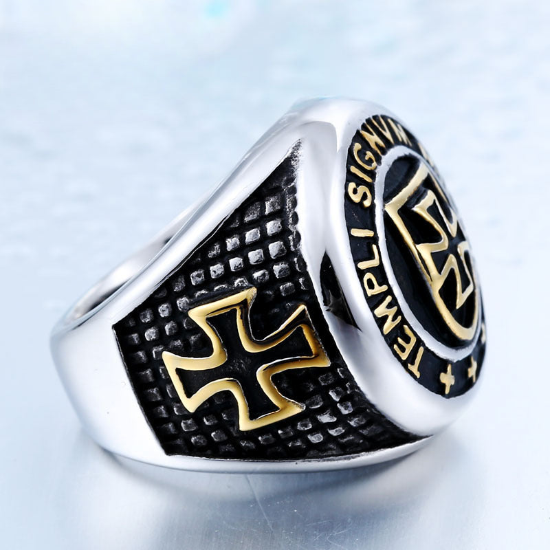 Customizable Retro Titanium Steel Cross Templar Ring for Men - Unique European and American Letter Design