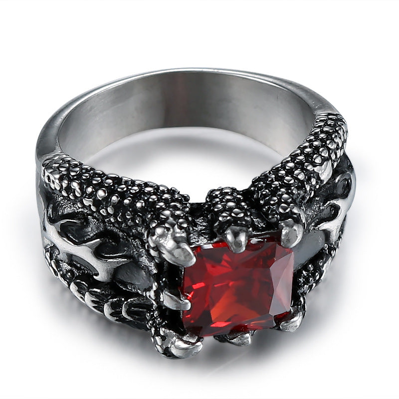 Retro Domineering Titanium Steel Ring with Paw Red Zircon for Men