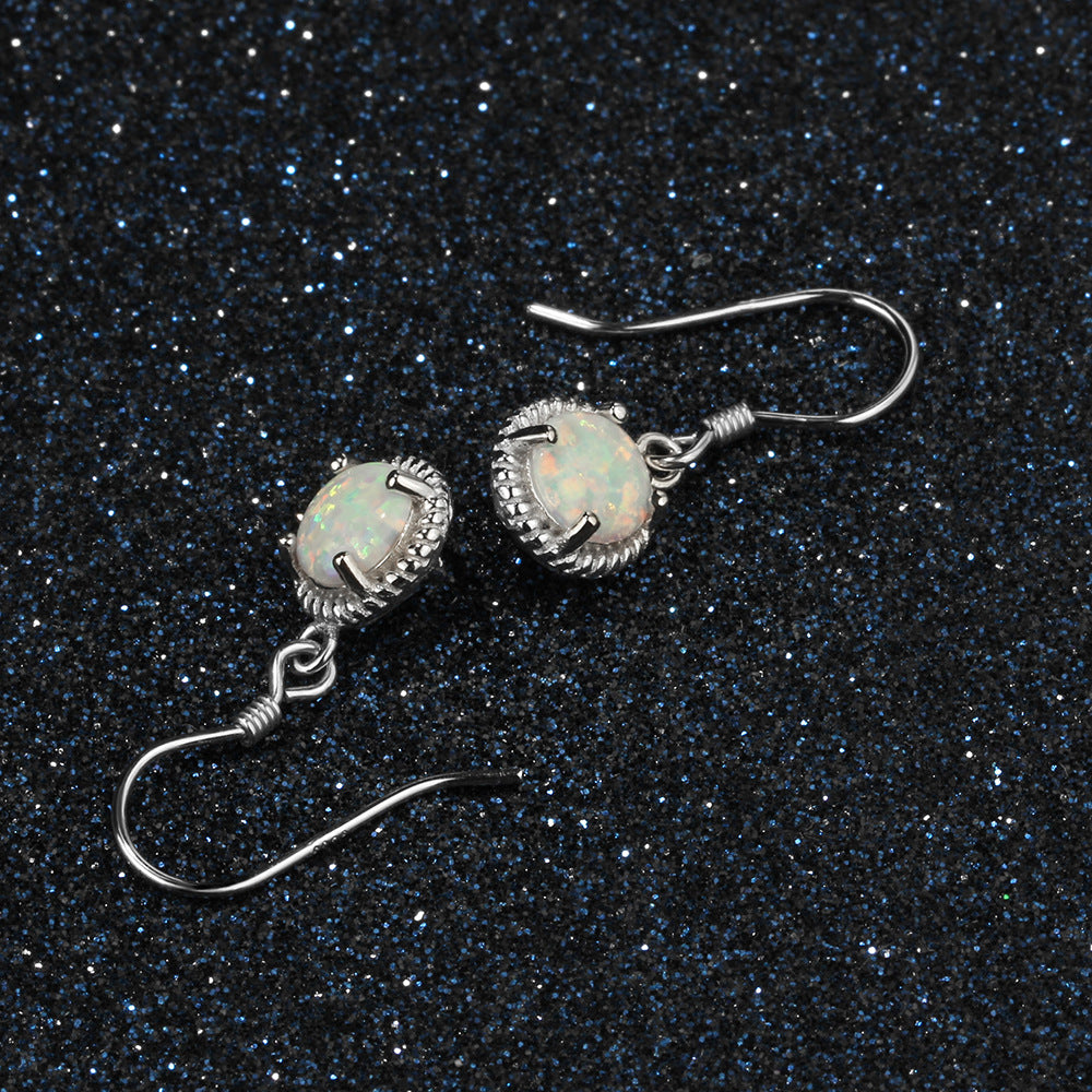 Round Opal Woven Edge Sterling Silver Hook Earrings