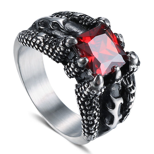 Retro Domineering Titanium Steel Ring with Paw Red Zircon for Men