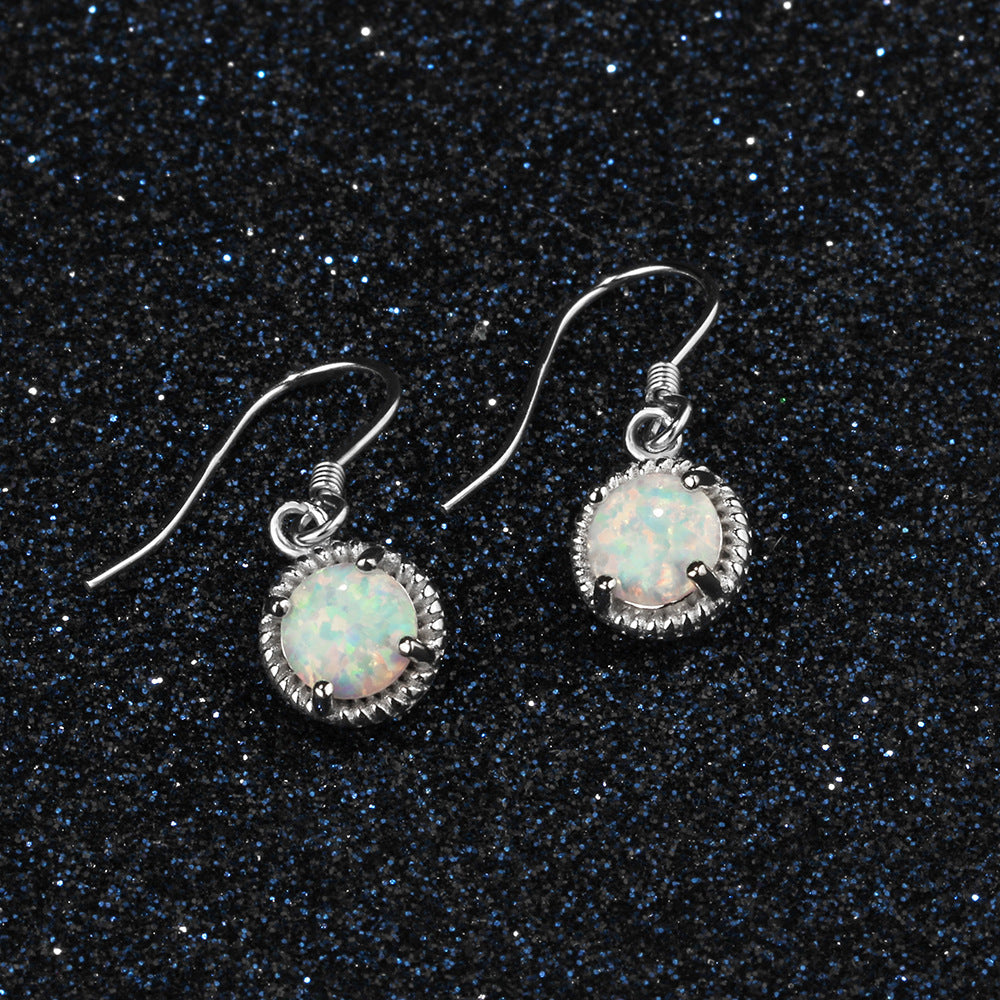 Round Opal Woven Edge Sterling Silver Hook Earrings