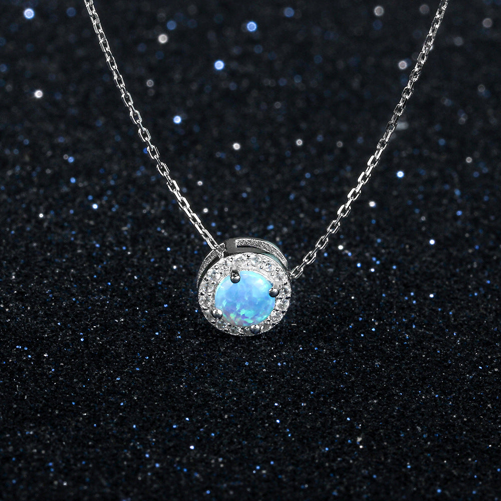 Round Blue Opal Zircon Soleste Halo Sterling Silver Necklace