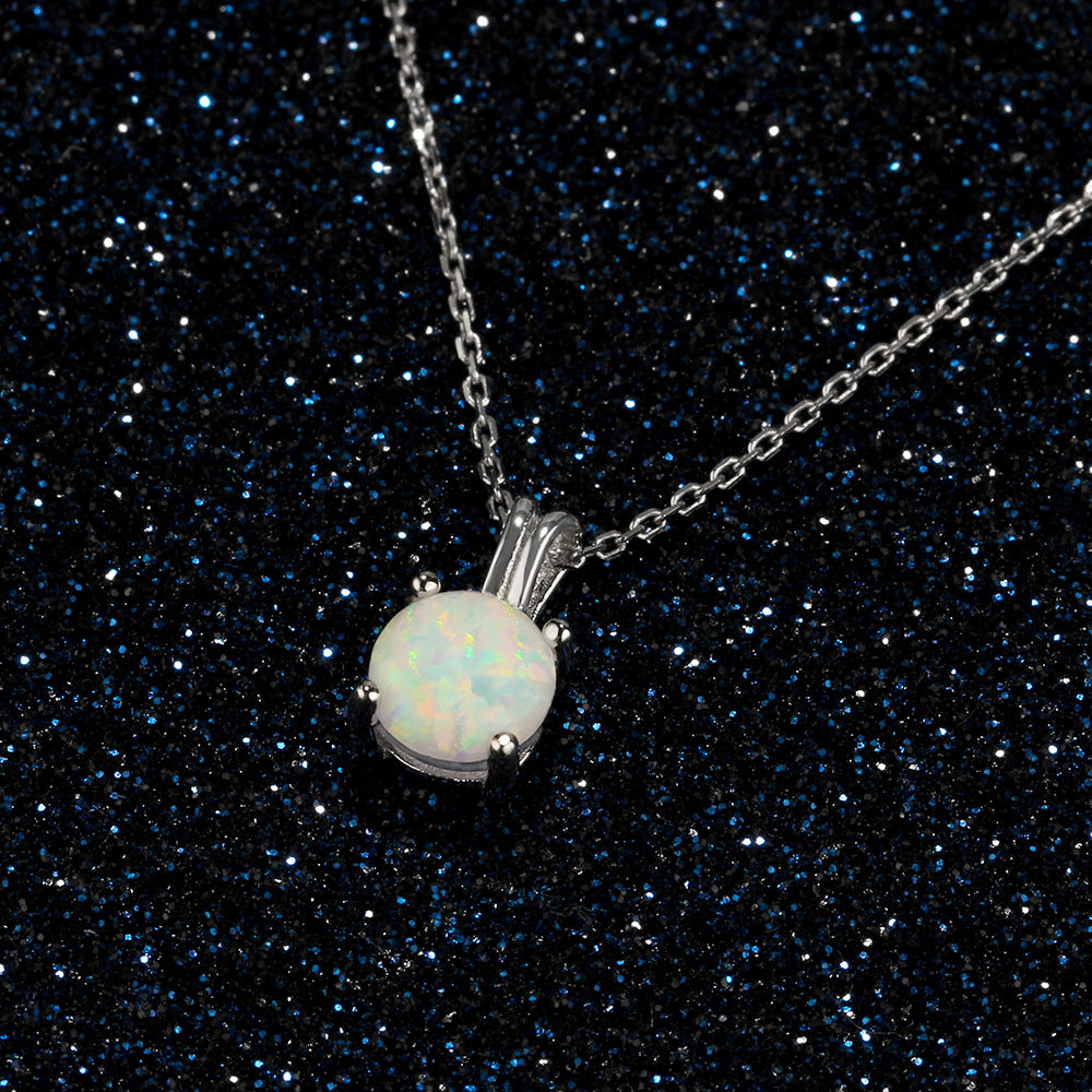 Solitaire Round Opal Pendant Sterling Silver Necklace