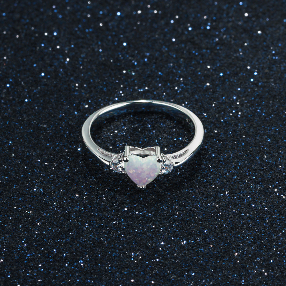 Heart Shape Opal with Two Small Zircon Sterling Silver Ring