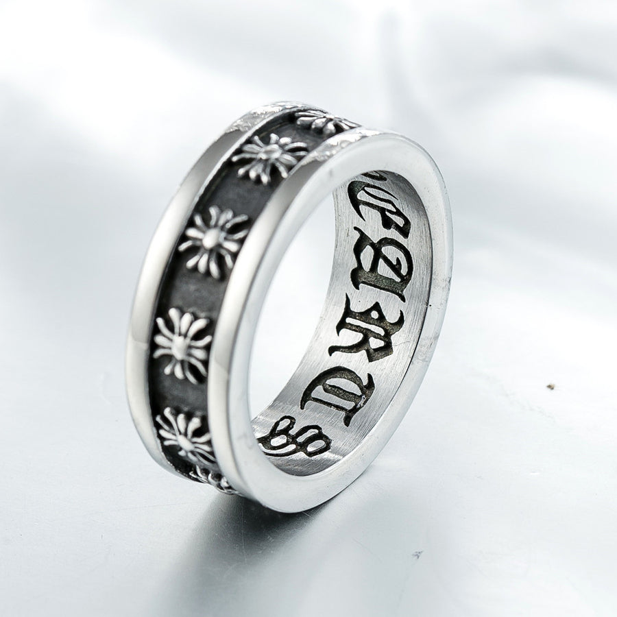 Row of Croix Flower Grooved Titanium Steel Ring for Men